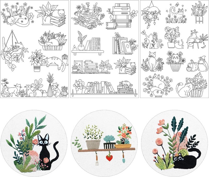 CRASHOT Water Soluble Stabilizer Embroidery Paper - Stick and Stitch Embroidery Paper Wash Away, 3 Sheet Embroidery Patterns, Potted Plant, Flower Book Cat Design, Hand Sewing Crafts - Image 1